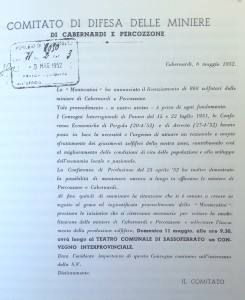 Documento attestante una delle numerose iniziative dei lavoratori a difesa dell'occupazione nella miniera di Cabernardi-Percozzone (Tratto da La Miniera di Zolfo di Cabernardi e Percozzone, p. 57)
